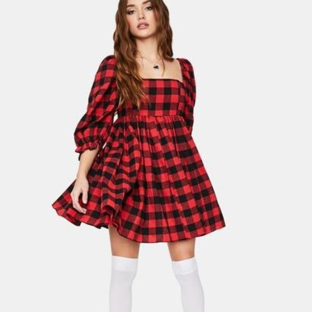 Dolls Kill WINE PLAID BOYS OVER FLOWERS MINI DRESS